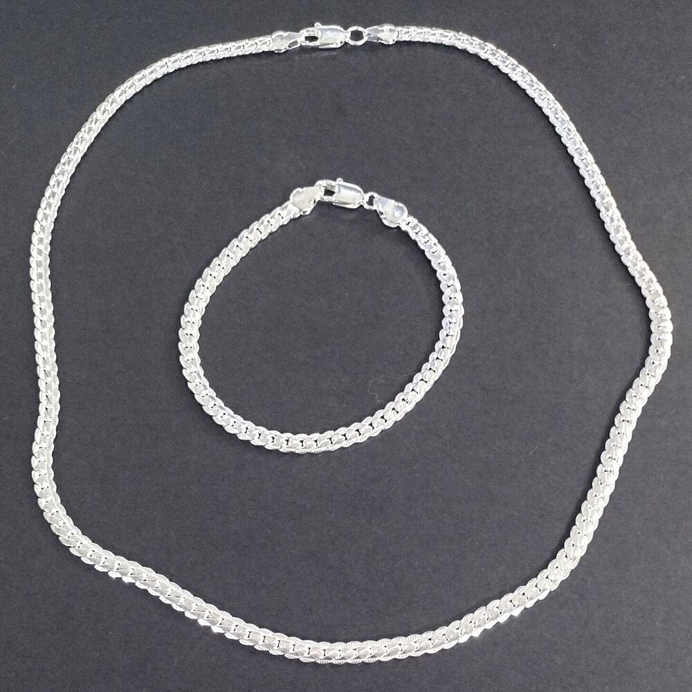 925 Sterling Silver Necklace Bracelet Set Cuban Snake Chain Christmas Gift NEW!